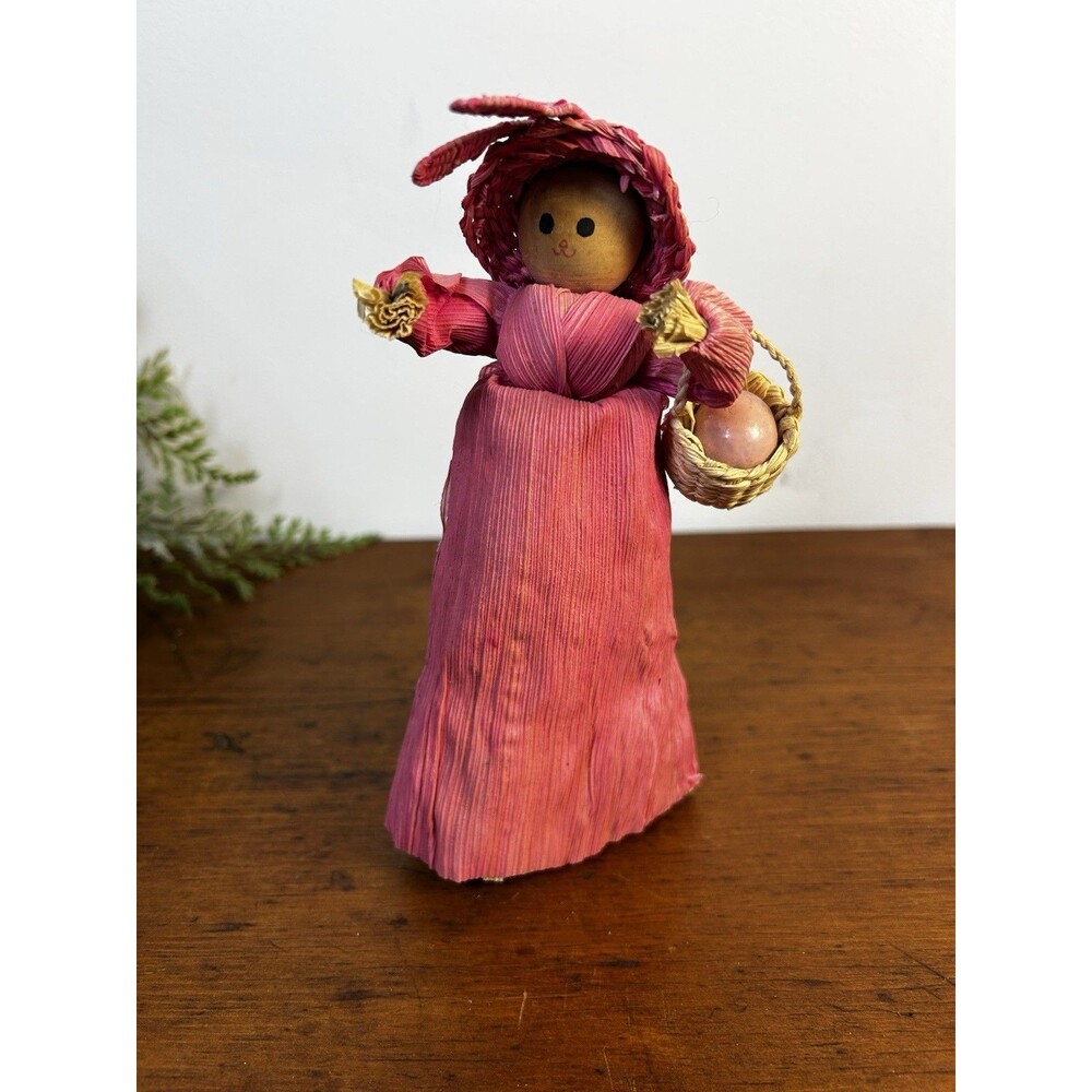 Vintage Corn Husk Doll Folk Lady Bunny Pink With Easter Hat & Basket